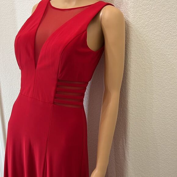 Morgan & Co Juniors Dress Red Formal Size 7 Sleeveless V Neck Sheer Mesh Maxi - Picture 3 of 9